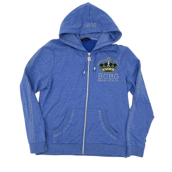 BCBG Y2K Logo Bling Rhinestone Zip Up Hoodie Jacket Blue XL - Picture 1 of 7